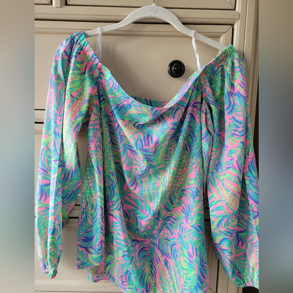 Lilly Pulitzer Adira Off-the-Shoulder Long-sleeve Silk Top, Sz. Medium